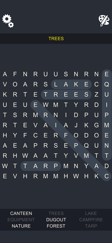 Word Search Epic - A word search puzzle game with a tree theme showing found words like lake and trees