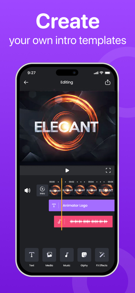 Intro Maker: Create Logo Video - Mobile app editing screen showing a fiery logo animation with timeline tracks for text and music