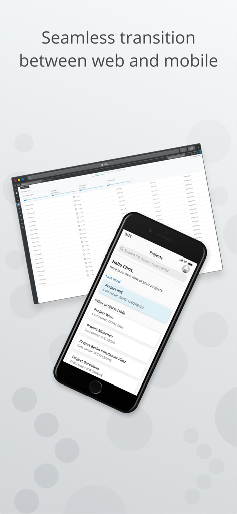 IRIS site - Aplicación IRIS site que muestra una transición fluida entre el panel web y la lista de proyectos móviles