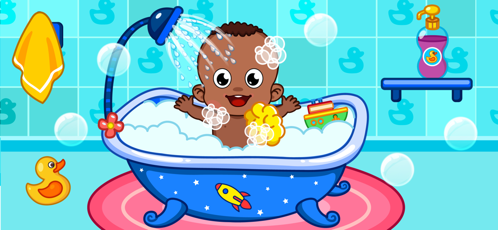Baby Care Games for Kids 3,4,5 - Un bebé de dibujos animados con piel oscura sonriendo en una bañera azul con burbujas de jabón y un patito de goma amarillo.
