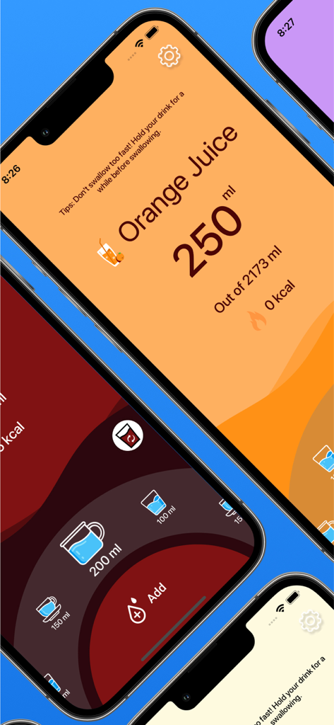 Water Now: Daily Drink Tracker - Interface of the Water Now app displaying an orange juice entry and different drink volume icons on multiple screens