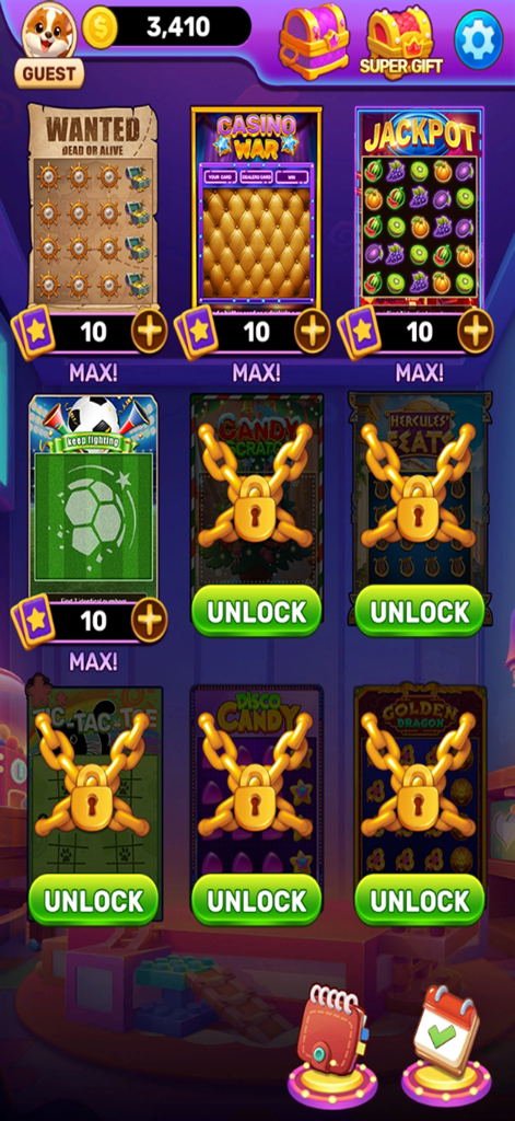 Daily Scratch:Fortune Flick - デイリースクラッチフォーチュンフリックのゲームロビー。さまざまなテーマのスクラッチャーカードとコイン報酬が表示されています。