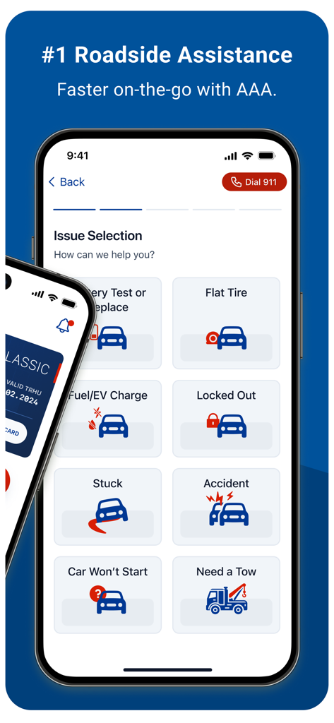 AAA Mobile - AAA Mobile app screen showing roadside assistance options for flat tires fuel and towing