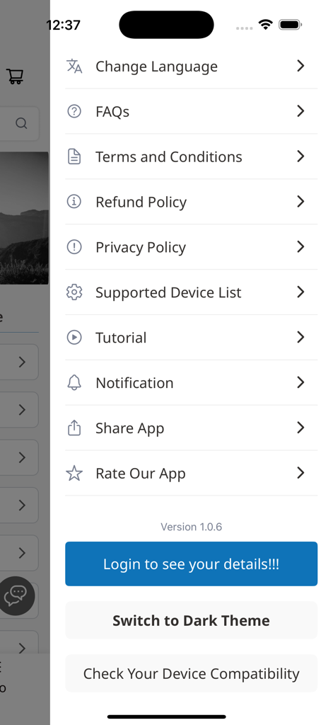 eTravelsim - Travel eSim - eTravelsimアプリのサイドバーメニュー。設定とサポートオプションが表示されています。