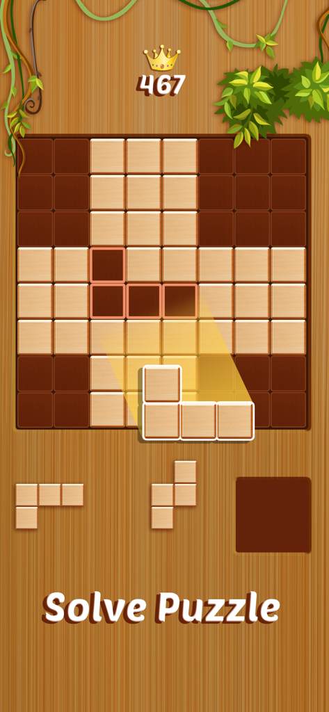 Wood Blast - Wood Block Puzzle - Gameplay of Wood Blast showing wooden blocks being placed on a puzzle grid.