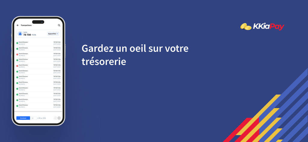KKIAPAY - Smartphone displaying KKIAPAY app transaction history and cash flow monitoring
