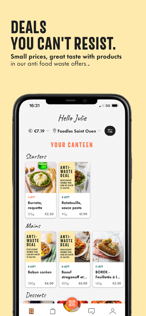 Foodles - Schermata del menu pranzo dell'app Foodles con sconti anti spreco