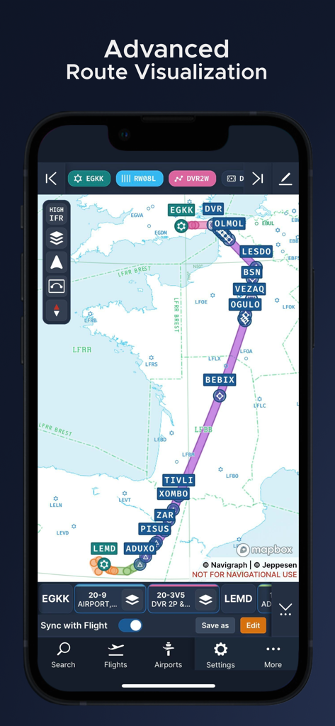 Navigraph Charts - Navigraph Chartsモバイルインターフェイスが、ウェイポイントとエアウェイレート付きの詳細なフライトルートマップを表示しています。