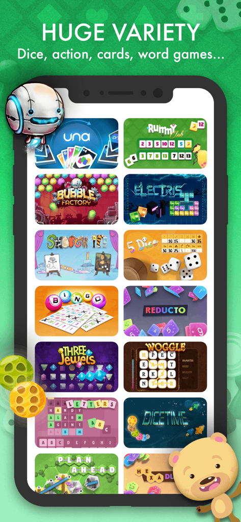 A mobile screen showing a large collection of casual board games like Rummy and Bingo inside the elo app