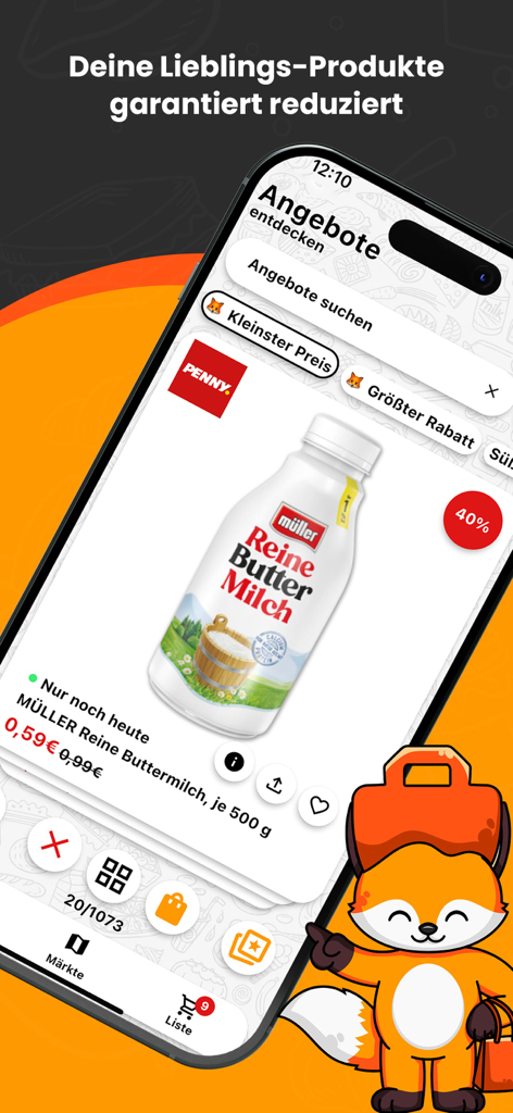 SparFuxアプリのインターフェース。40%割引のバターミルクとスワイプして節約機能、キツネのマスコットが表示されている。