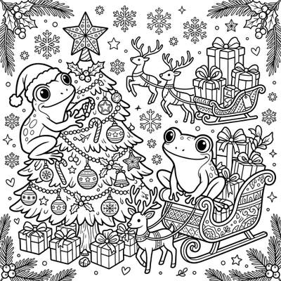 Celebrate the holiday season with these charming glass frogs enjoying a festive Christmas wonderland. This intricate coloring page is filled with delightful details, from decorated trees to sleighs overflowing with gifts, perfect for spreading holiday cheer.