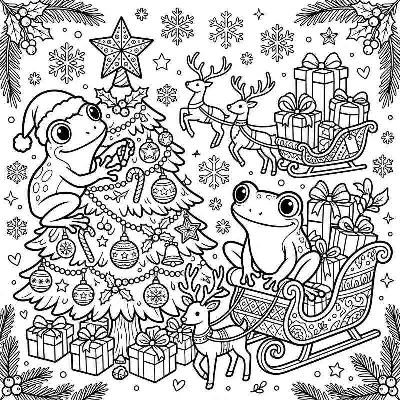 Celebrate the holiday season with these charming glass frogs enjoying a festive Christmas wonderland. This intricate coloring page is filled with delightful details, from decorated trees to sleighs overflowing with gifts, perfect for spreading holiday cheer.