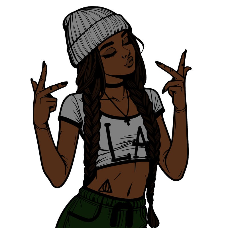 realistic teenage girl with braids and a beanie and crop top doing 🫶🏼