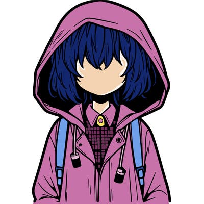 little anime girl in a raincoat her hair is covering her eyes she has a lighter