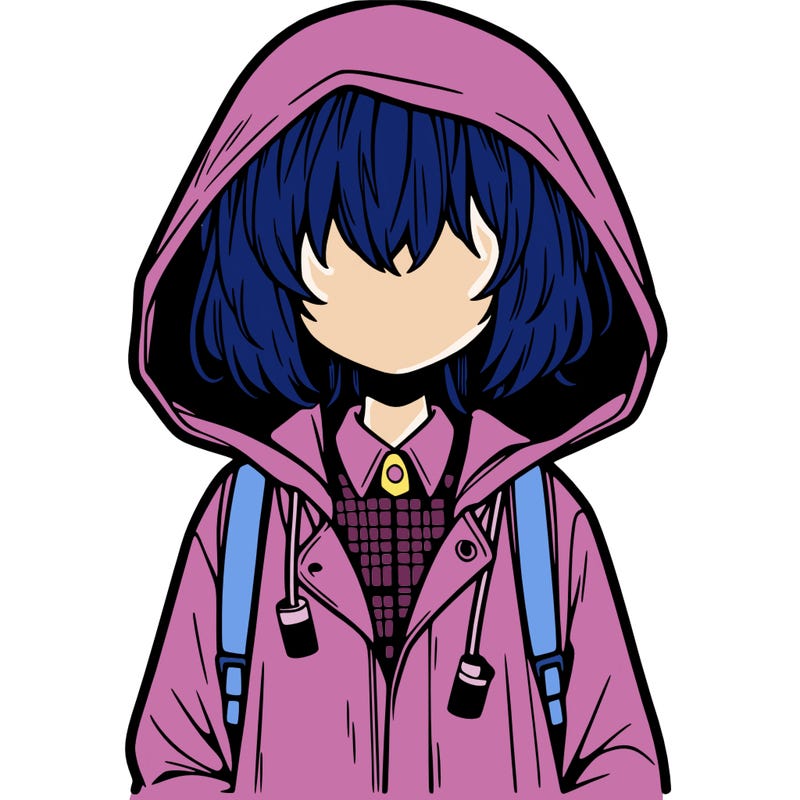 little anime girl in a raincoat her hair is covering her eyes she has a lighter