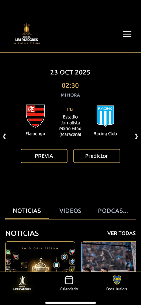 CONMEBOL Libertadores - Aplicación móvil CONMEBOL Libertadores mostrando el calendario de partidos de Flamengo vs Racing Club.