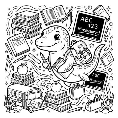 Embark on an educational adventure with our delightful Mixosaurus Back to School coloring page! This charming scene showcases a friendly dino surrounded by books, pencils, and a classic school bus, sparking joy and creativity.