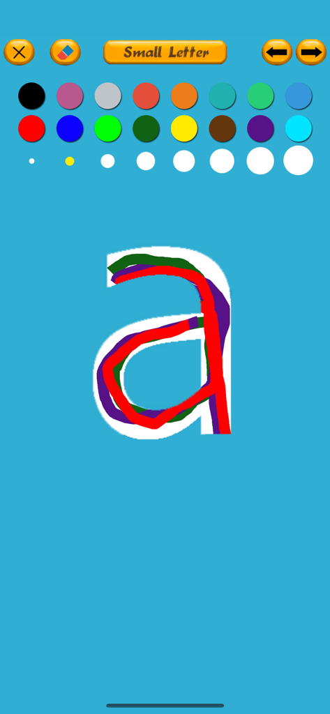 Letter Tracing for English - A mobile app interface showing the lowercase letter a being traced with multiple colored pens on a blue background.