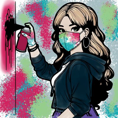 realistic girl with mask spray painting a wall