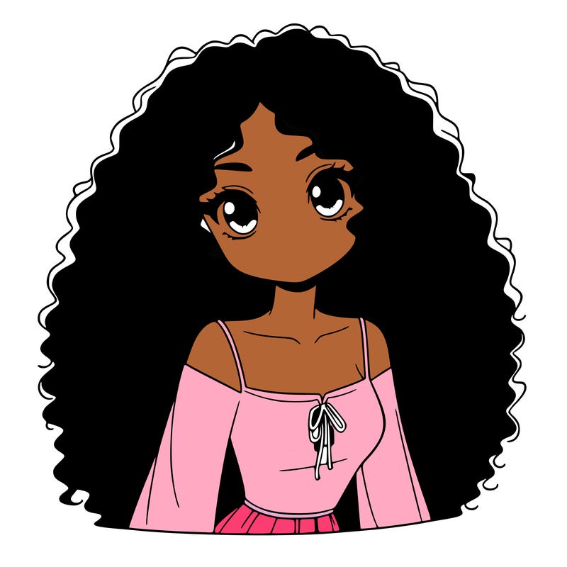 a black anime girl with long afro hair