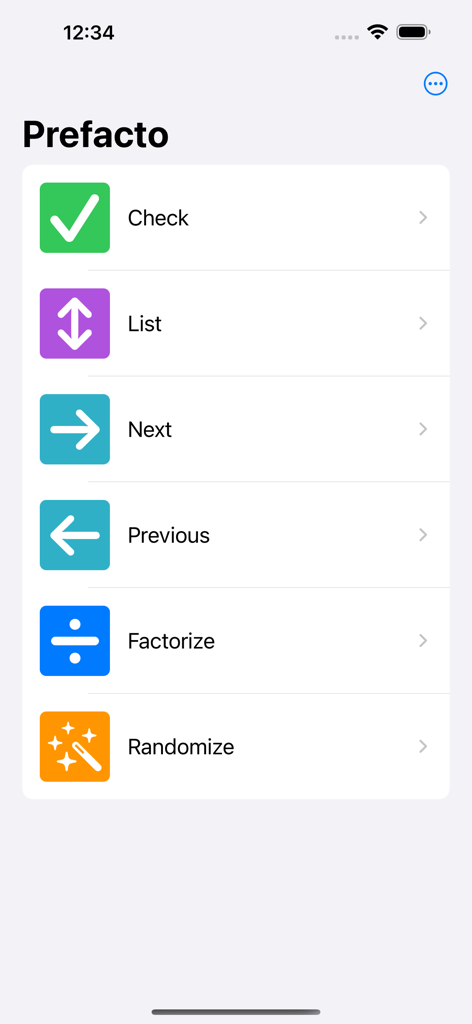 Main menu of the Prefacto app showing options for prime number check, list, factorize, and randomize