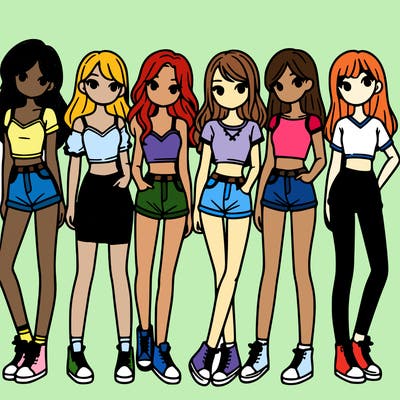 a group of girls wearing crop tops and shorts
