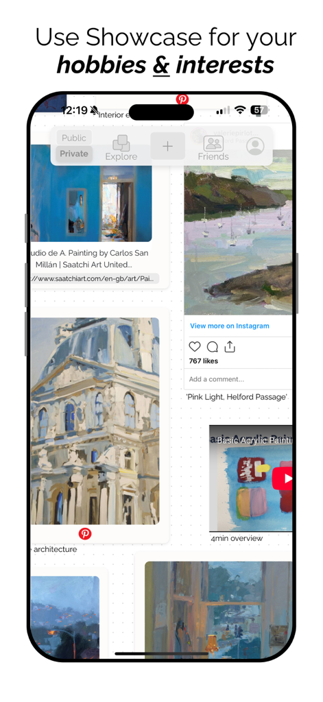 Showcase Co. - A smartphone screen displaying the Showcase Co. app interface with a visual moodboard of painting and art interests curated from platforms like Pinterest, Instagram, and YouTube.