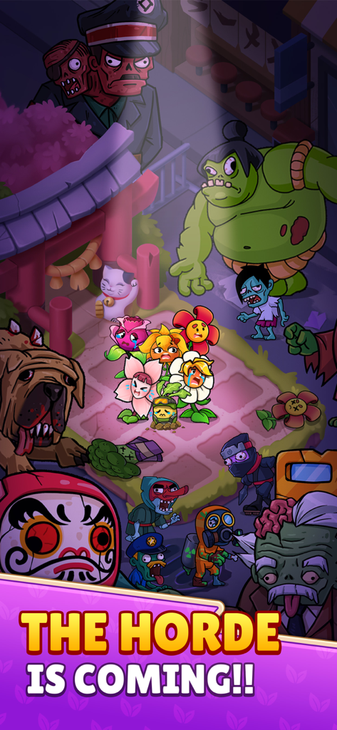 Flower zombie: City Defense - Un grupo de flores lindas rodeado por una colorida horda de zombies en Flower Zombie City Defense