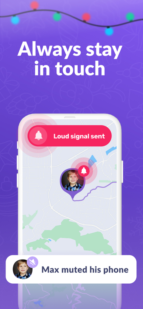 Parental Control App Kids360 - Smartphone screen of Kids360 app sending a loud signal to a childs muted phone on a map