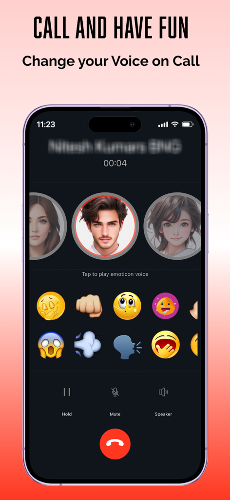 MagicCall app interface showing real-time voice changer options and sound emoticons during a phone call.