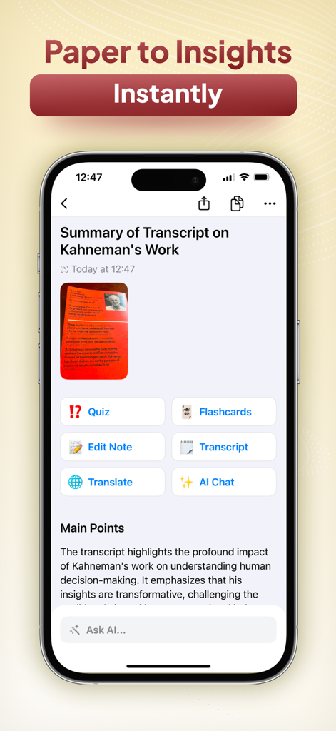 Mobile interface of AI Note Taker showing an AI summary of a scanned document with study tool options like quizzes and flashcards.