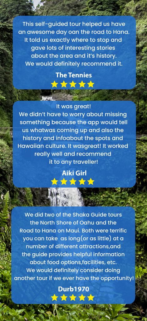 Road to Hana: Maui Audio Tours - Three five-star customer testimonials for the Road to Hana Maui audio tour app displayed over a lush tropical waterfall background.