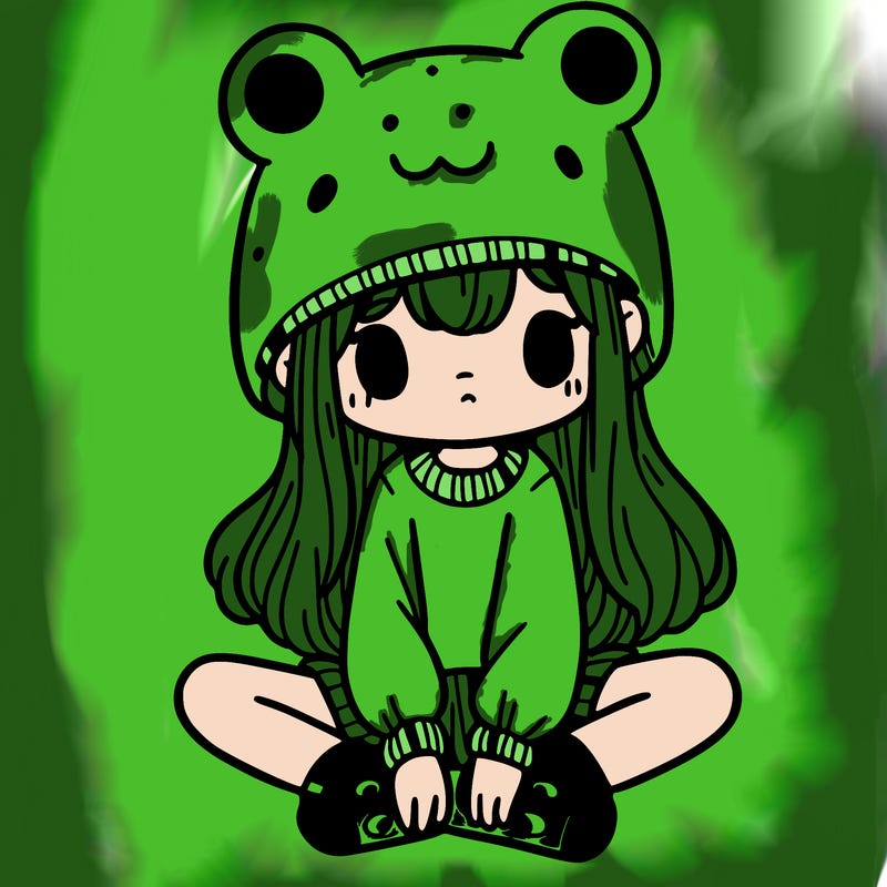a girl wearing a frog hat and some frog socks