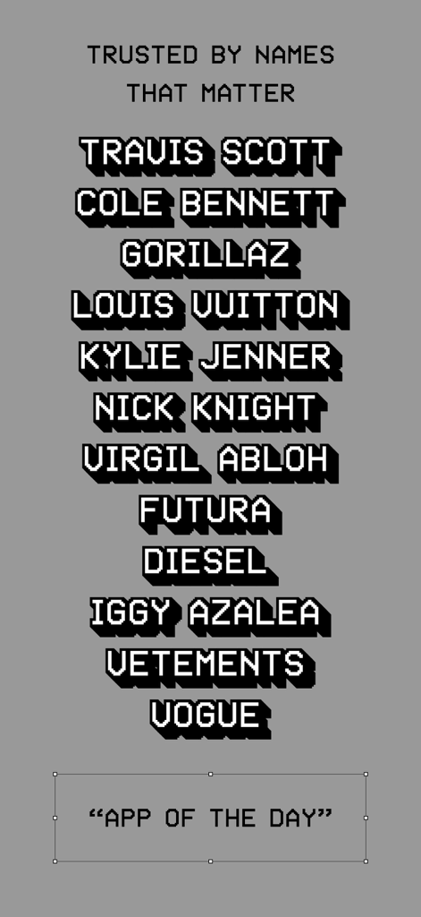 A list of famous users and brands of the Glitche app including Travis Scott Louis Vuitton and Kylie Jenner