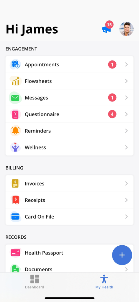 Charm mPHR - Dashboard of the Charm mPHR mobile app showing patient engagement billing and health records
