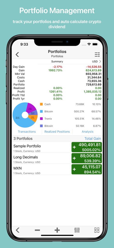 Crypto Master: Market Analysis - Mobile App-Oberfläche, die ein Dashboard zur Verwaltung von Kryptowährungsportfolios mit einem Vermögensallokationsdiagramm und Gewinnzusammenfassungen zeigt.