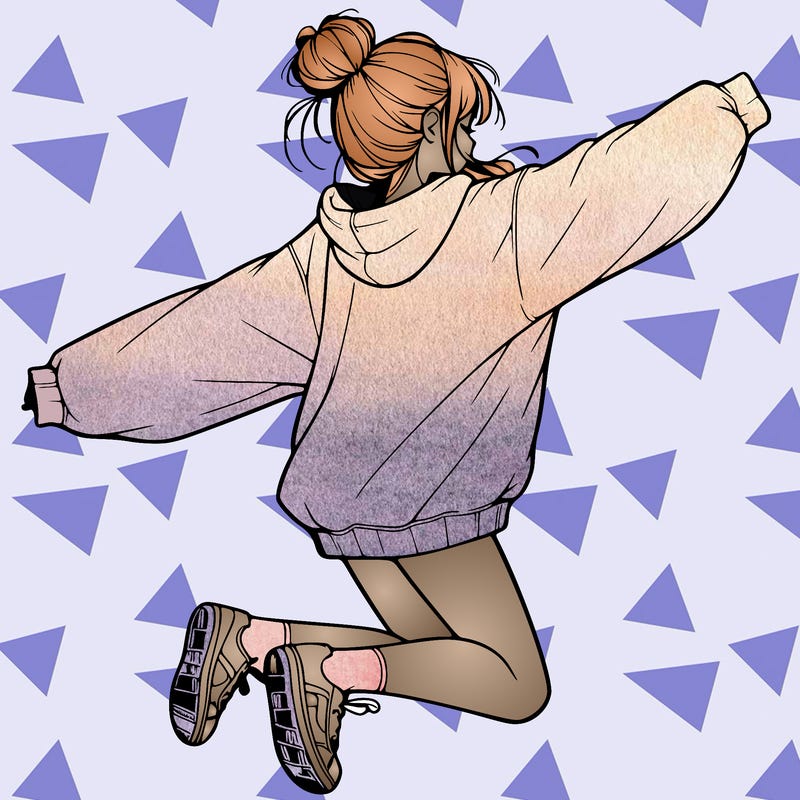 realistic girl jumping with a bun and oversized sweatshirt