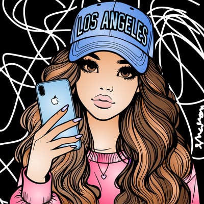 realistic beautiful girl wearing los ángeles cap holding an iphone