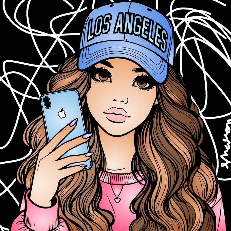 realistic beautiful girl wearing los ángeles cap holding an iphone