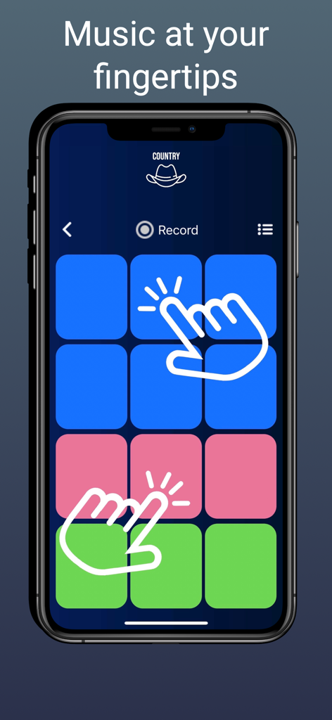 DJ Jam Producer - Groove pad - Pantalla de un smartphone mostrando la aplicación DJ Jam Producer con una cuadrícula de groove pad colorida y controles de producción musical