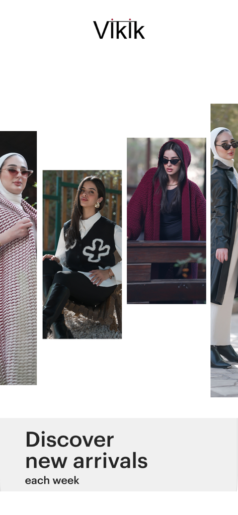 Vikik - Aplicativo de moda Vikik exibindo modelos da moda e o texto Descubra novas chegadas toda semana