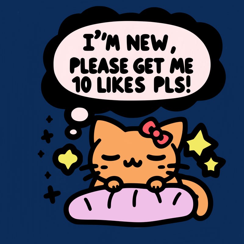 kitty taking a nap dream talking and saying "i'm new, please get me at least 10 likes pls!!"