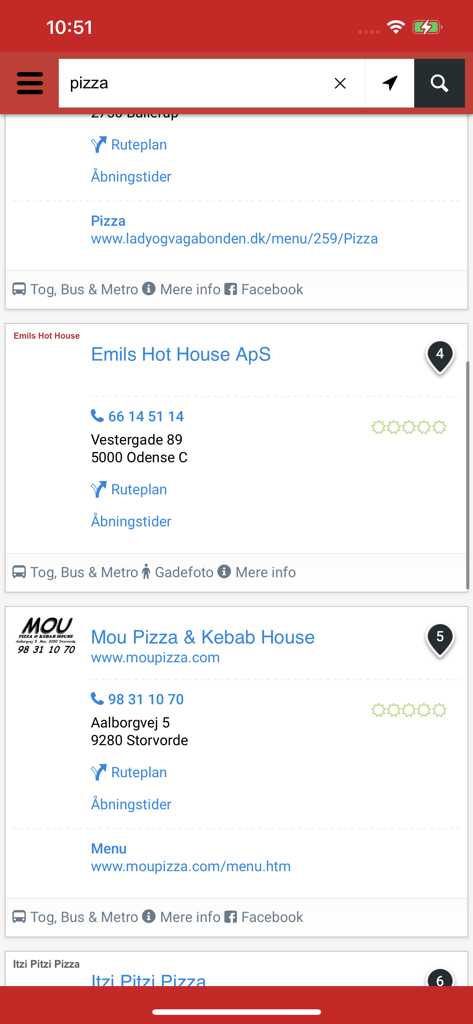 Search results for pizza restaurants in the Krak navigation app featuring local business details in Denmark.