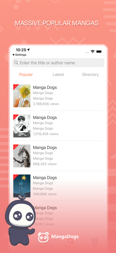 Screenshot of the Manga Dogs app showing a list of popular manga titles with view counts and a search bar
