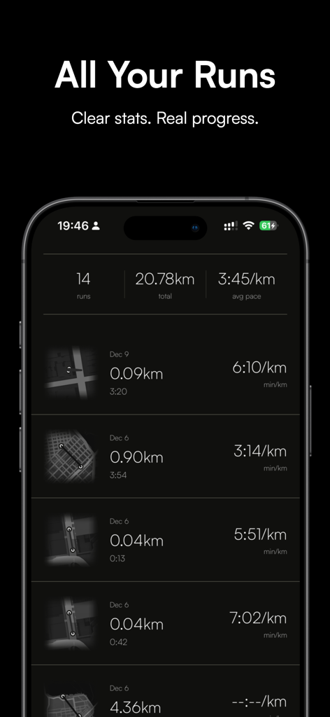 runo - Metronome for Running - Un resumen del historial de carrera que muestra el total de carreras, la distancia y el ritmo promedio en una interfaz oscura y minimalista.