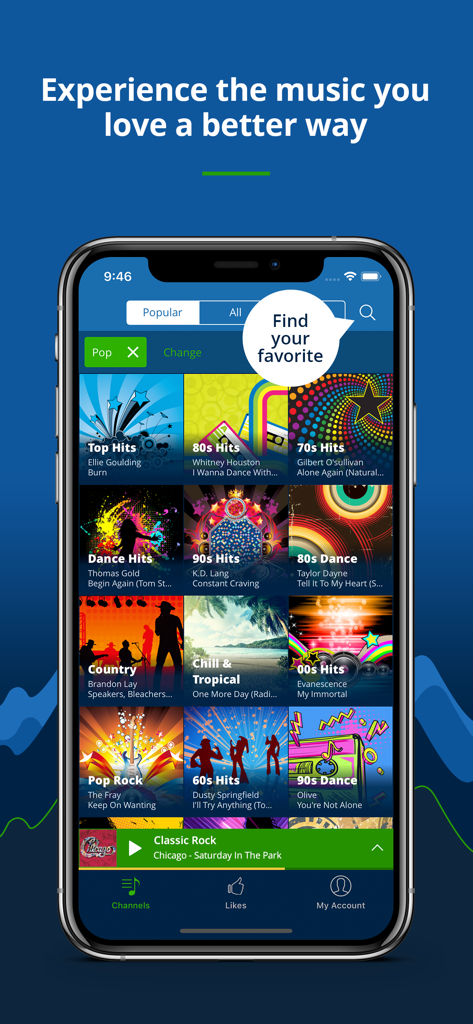 Radio Tunes - great music 24/7 - Radio Tunes mobile app screen showing various curated music channels organized by decade and genre.