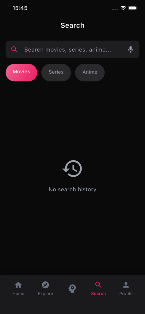 L'écran de recherche de l'application Hi Tv affichant une barre de recherche et des filtres de catégories pour les films, les séries et les anime.