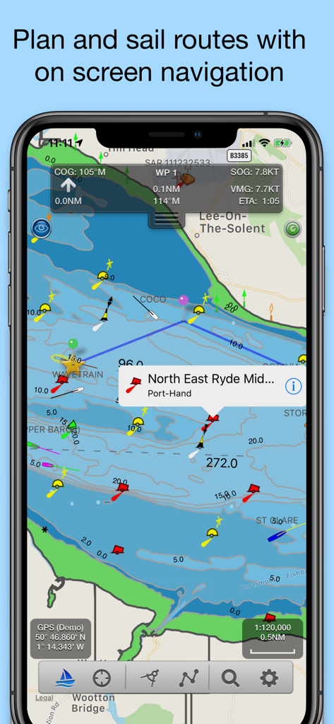 Application SeaNav US affichant une carte nautique avec planification d'itinéraire et données de navigation à l'écran sur un iPhone