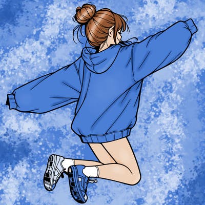 realistic girl jumping with a bun and oversized sweatshirt