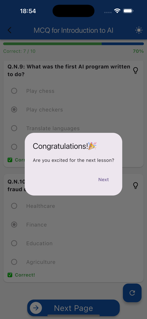 Learn AI (LA) - Una pantalla de cuestionario de opción múltiple en la aplicación Aprende IA que muestra una ventana emergente de felicitaciones después de una lección.
